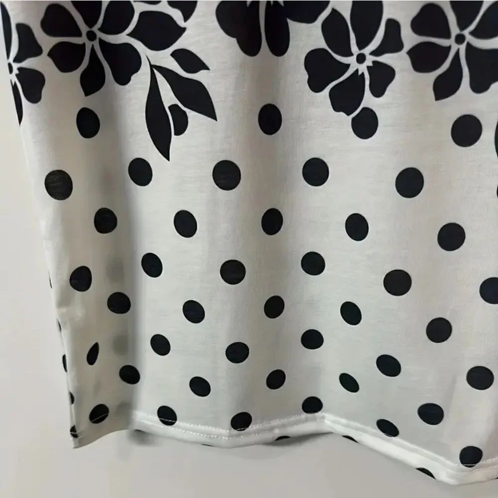 Black White Floral Polka Dot Patterned T-Shirt Sophisticated Chic - Sz 14 - Picture 4 of 4